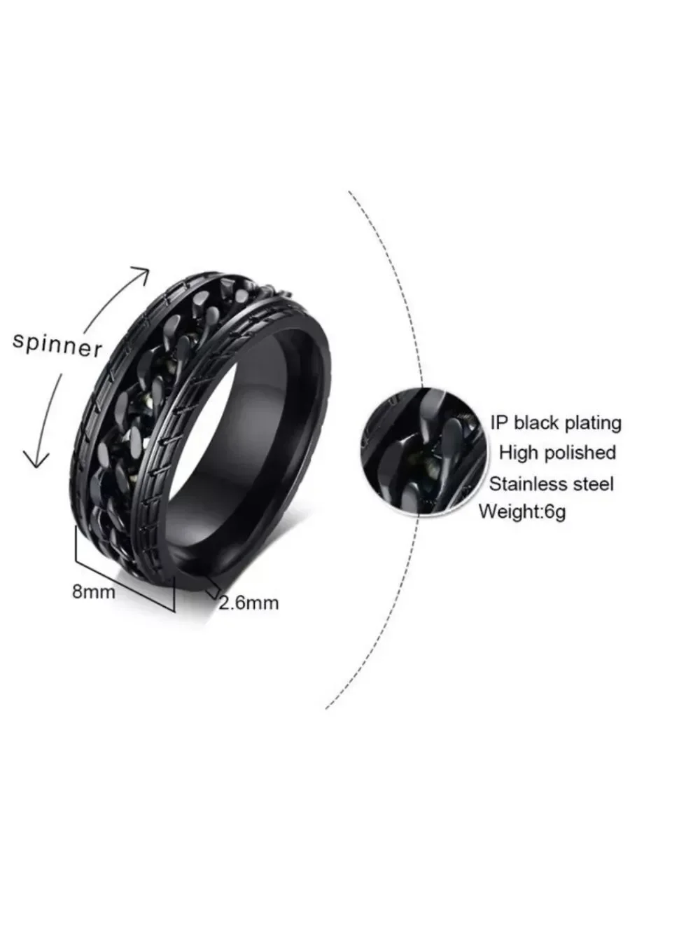 Black Stainless Steel Tire Texture Spinner Anxiety Fidget Ring